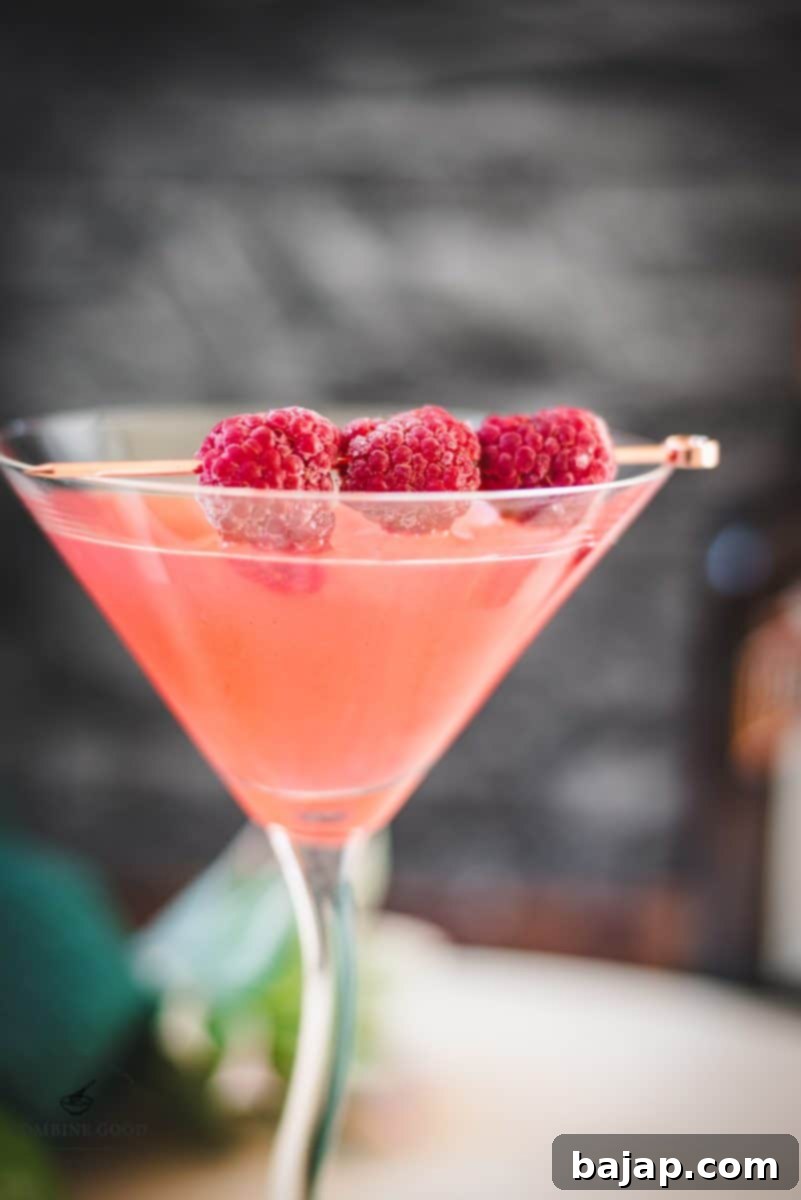 A vibrant raspberry margarita, impeccably served in a stemmed cocktail glass, adorned with fresh raspberries on a cocktail pike against a clean, appealing background.