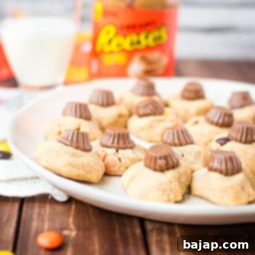Utterly delicious Reese's peanut butter cookies served on a white plate, with a Reese's peanut butter mini cup on top.