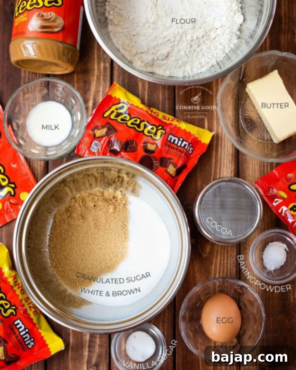 Essential ingredients for Reese's peanut butter cookies: egg, vanilla sugar, baking powder, cocoa, butter, white and brown sugar, milk, flour, Reese's peanut butter, pieces, and cups.