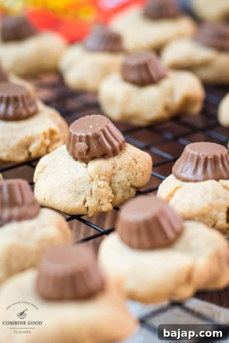 Utterly delicious Reese's peanut butter cookies placed on a cppling rack, with a Reese's peanut butter mini cup on top.
