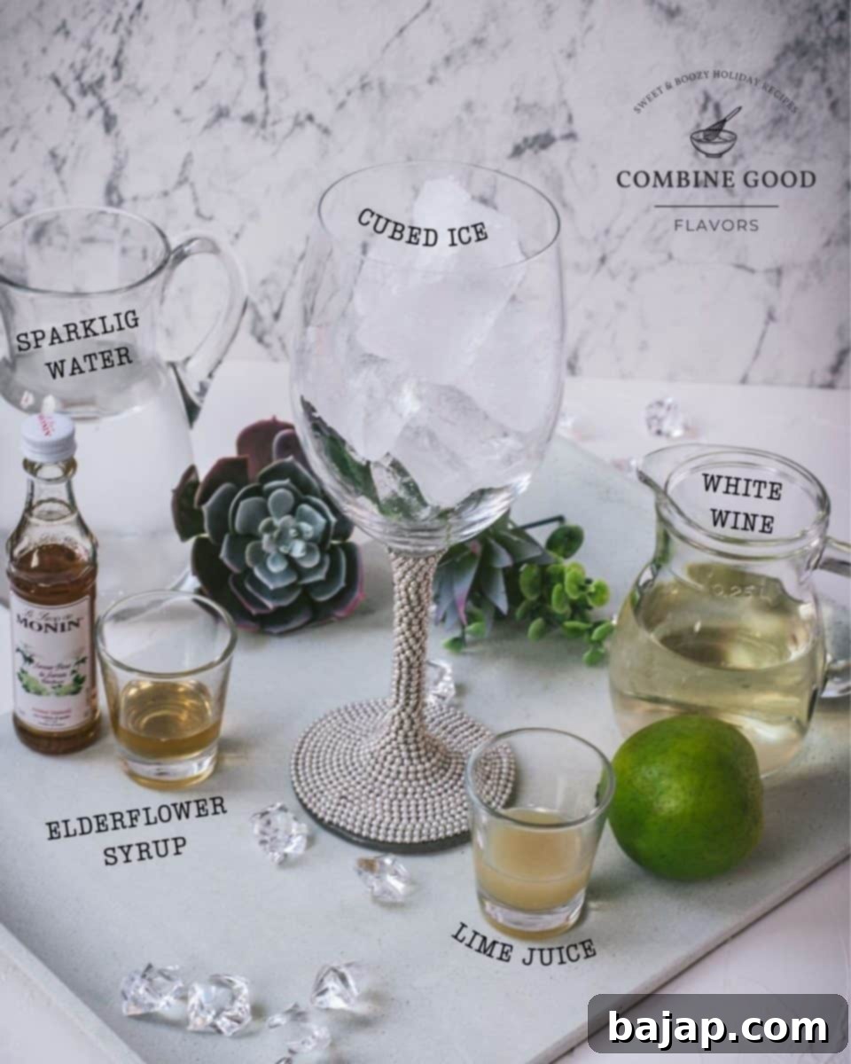 Ingredients for Hugo Cocktail: Sparkling water, white wine, lime juice, cubed ice, elderflower syrup.