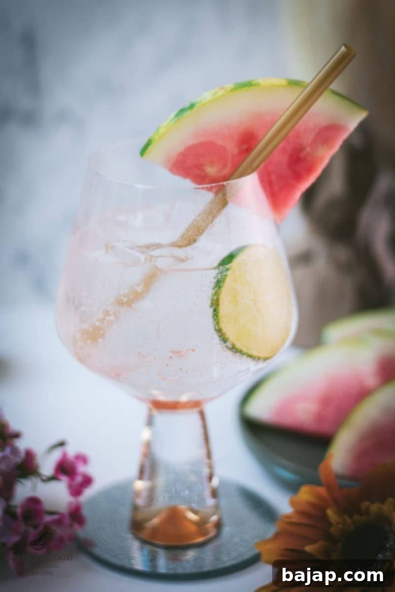 Simple Summer Watermelon G&T 2 Beautiful balloon like glass filled with refreshing watermelon gin and tonic. Garnished with a reusable drinking straw, a big watermelon slice, and a lime slice.