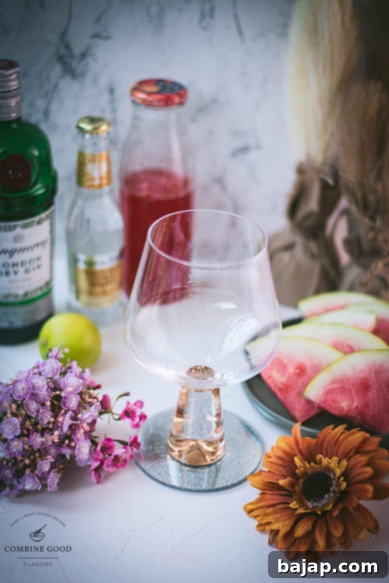 Simple Summer Watermelon G&T 3 Ingredients for a watermelon gin and tonic: watermelon syrup, gin, cubed ice, and tonic water.