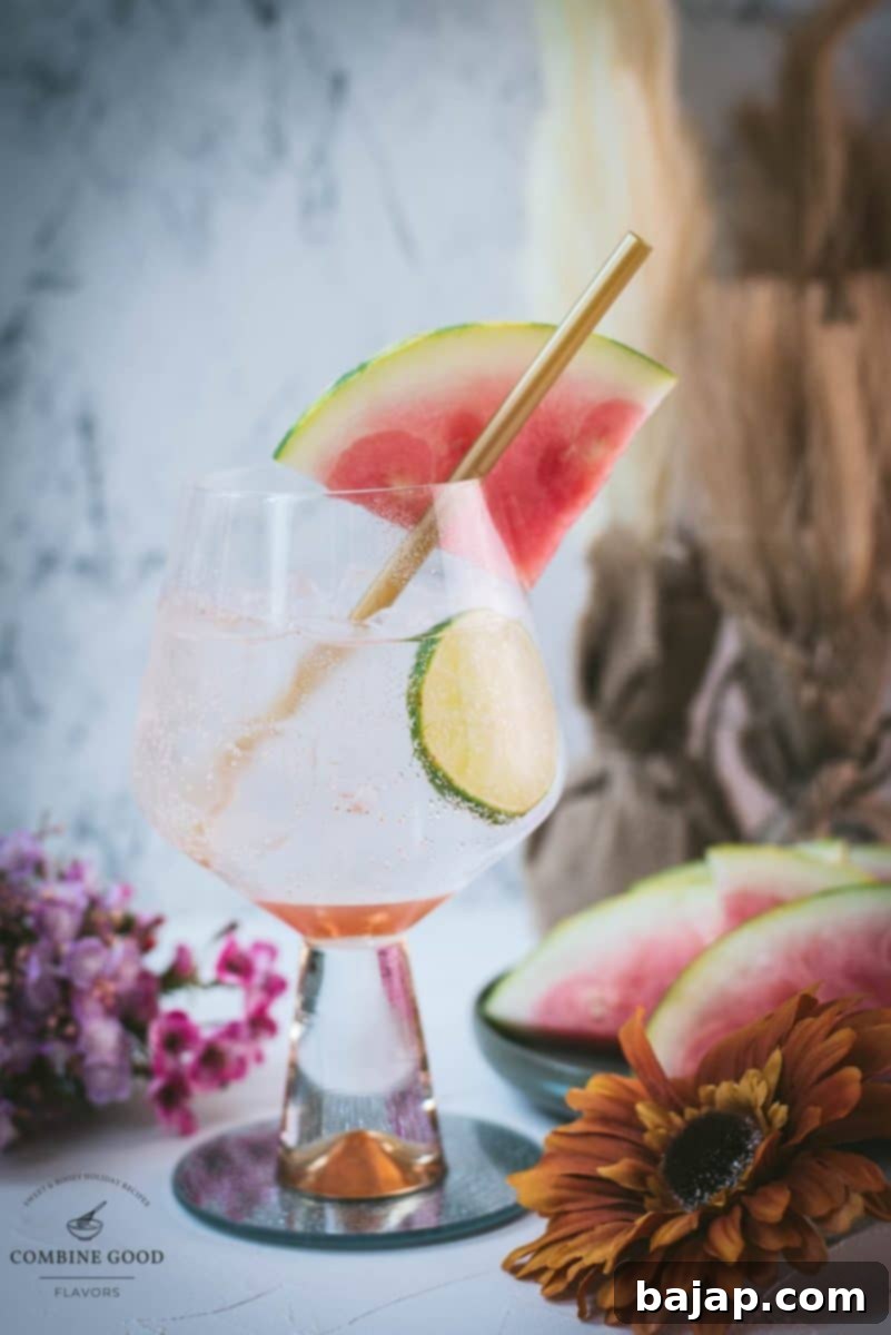 Simple Summer Watermelon G&T 4 Beautiful balloon like glass filled with refreshing watermelon gin and tonic. Garnished with a reusable drinking straw, a big watermelon slice, and a lime slice.