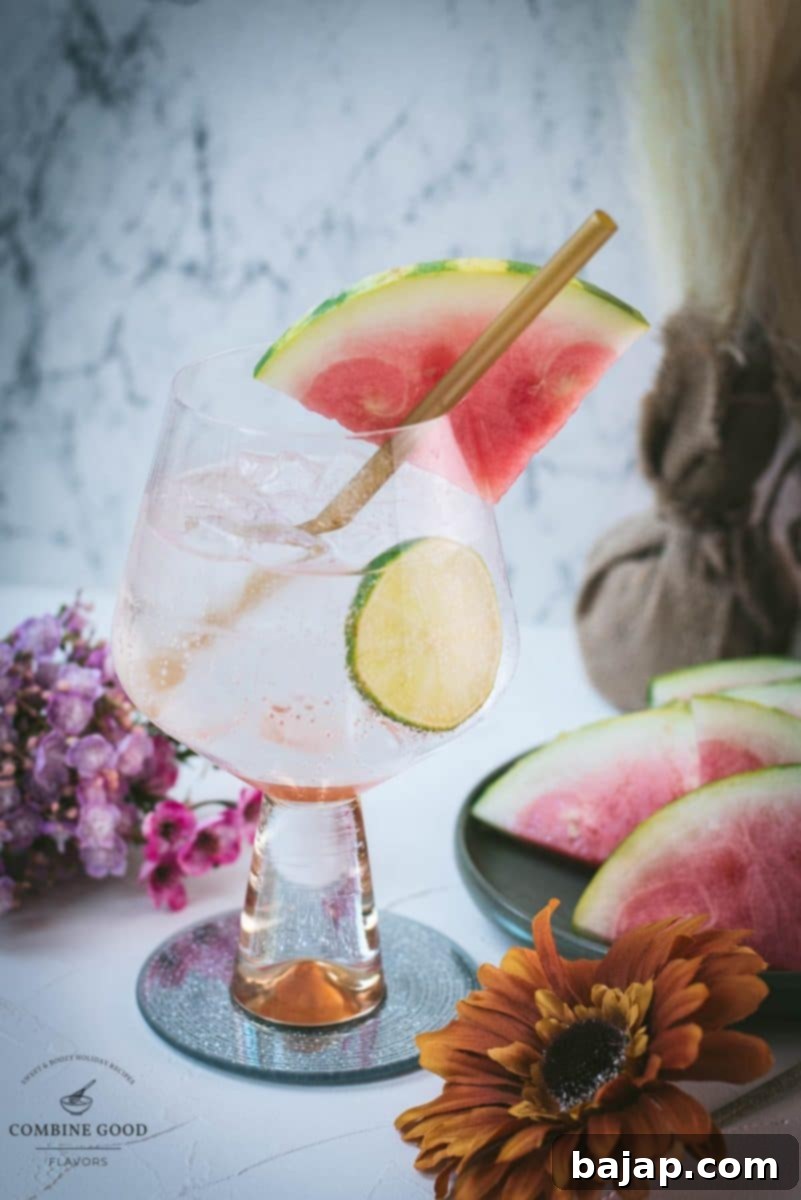 Simple Summer Watermelon G&T 5 Beautiful balloon like glass filled with refreshing watermelon gin and tonic. Garnished with a reusable drinking straw, a big watermelon slice, and a lime slice.