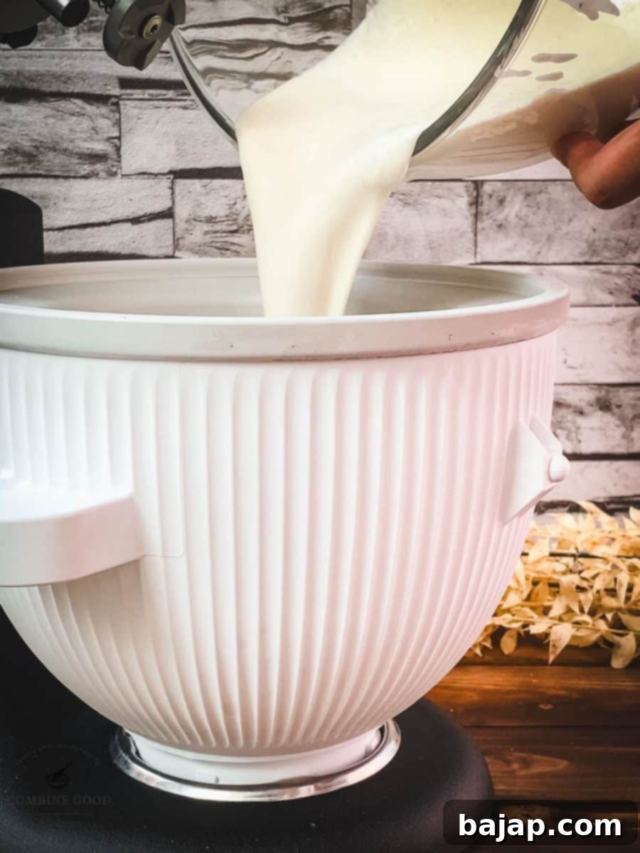 Pouring the sour cream mix into the well frozen ice cream maker bowl.
