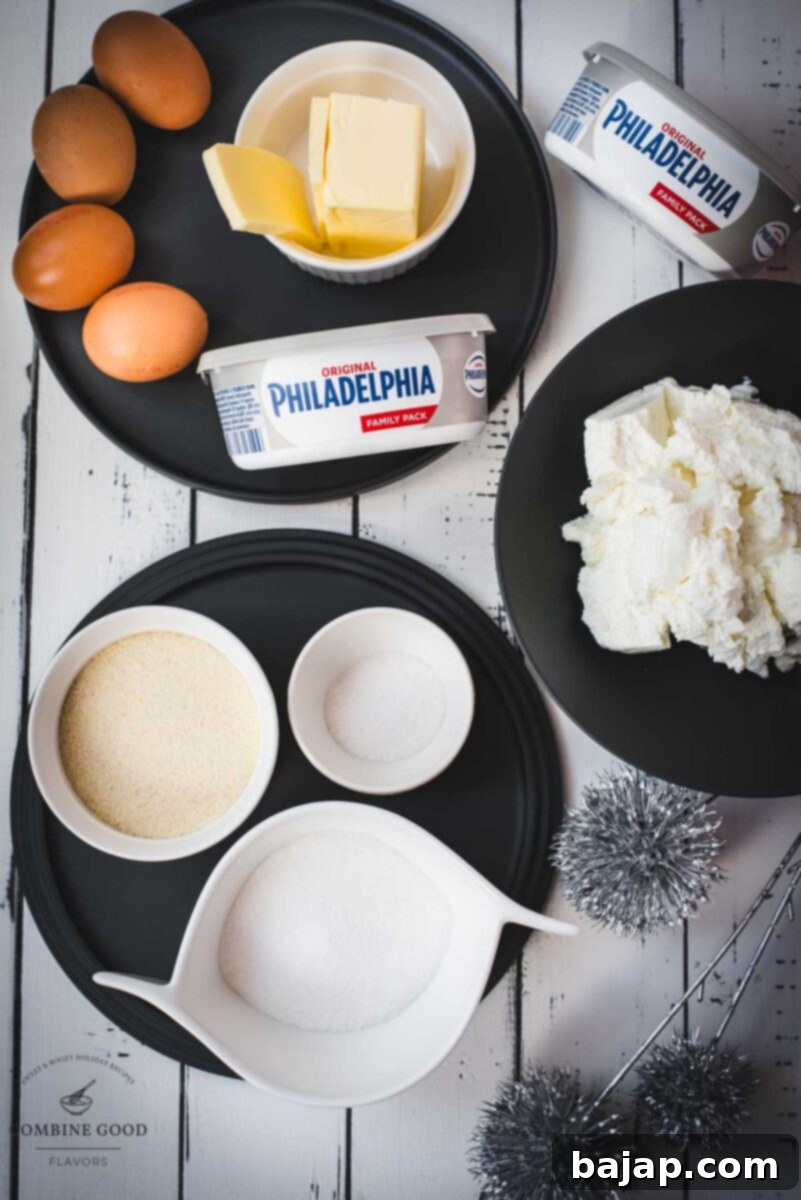 All the essential ingredients for a delicious semolina cheesecake laid out on a kitchen counter, including butter, sugar, eggs, vanilla sugar, semolina, curd cheese, and Philadelphia cream cheese, ready for preparation.