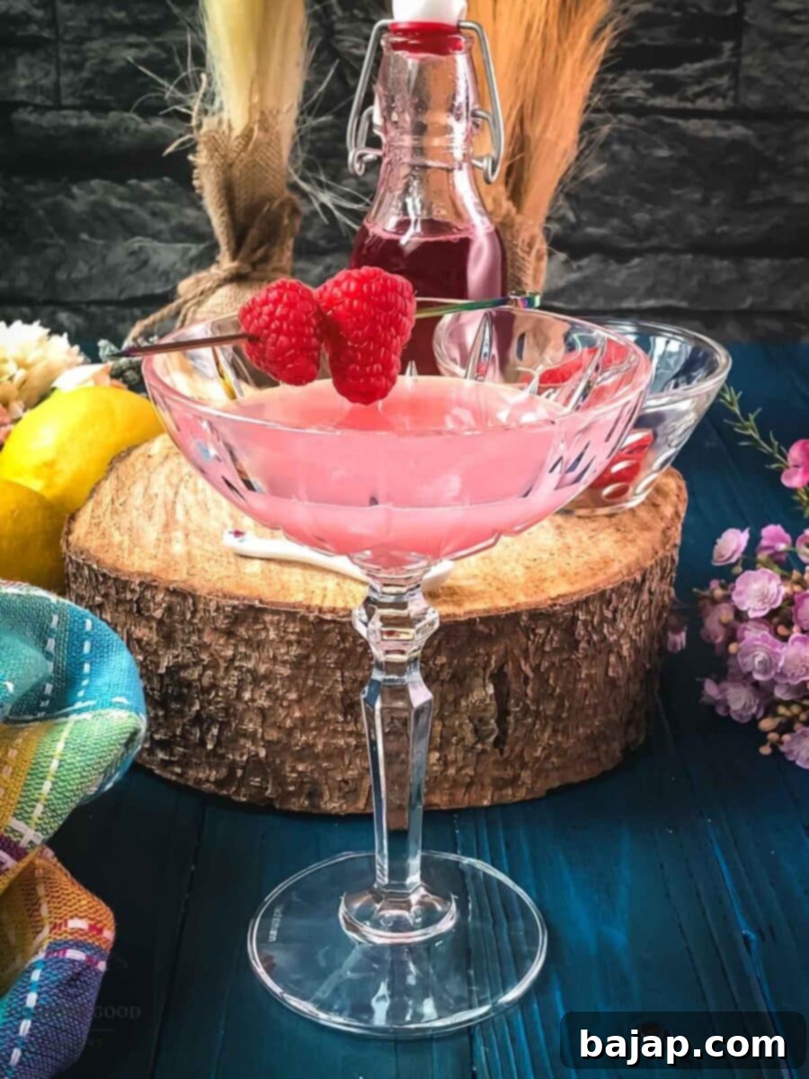 Garnish the finished Clover Club cocktail with fresh raspberries on a cocktail pick for an elegant touch.