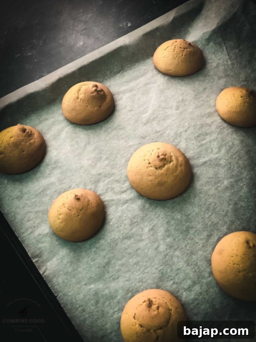 Cookies after baking on the baking sheet lined with parchment paper. Ready for Halloween glaze and chocolate.