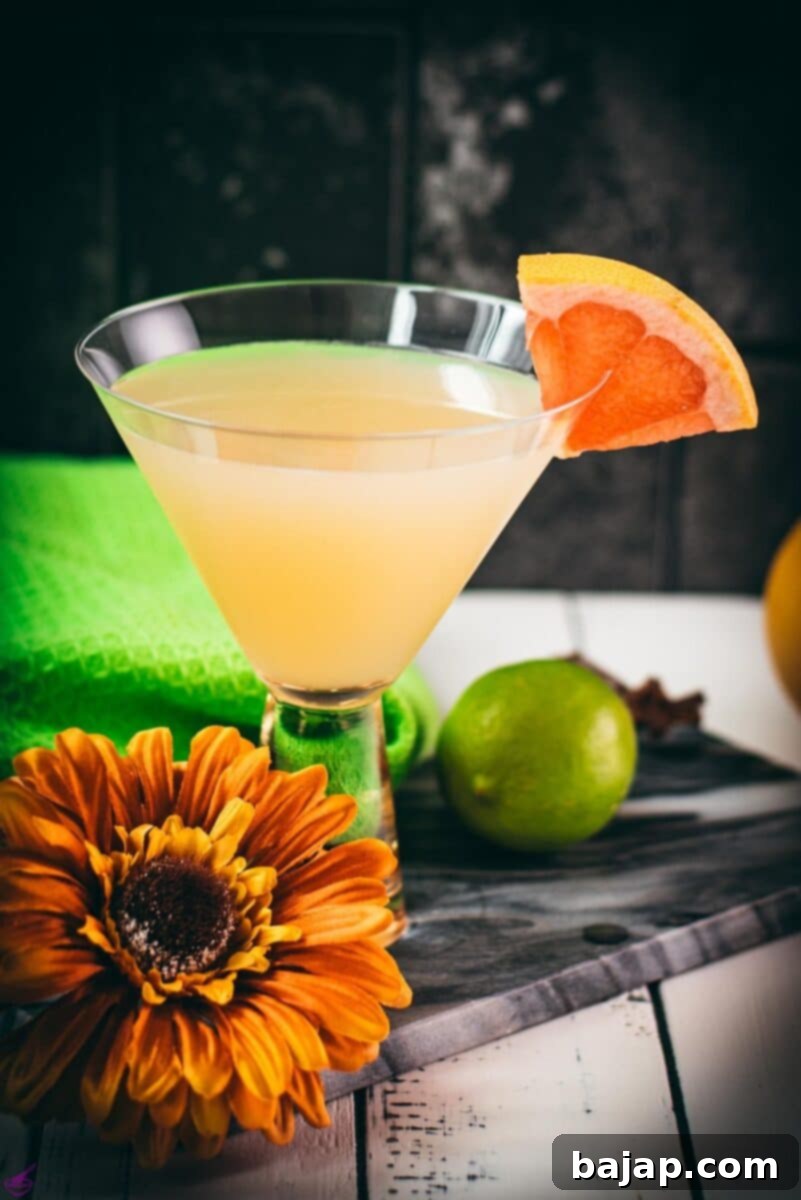 Vibrant Hemingway daiquiri, with a tart and slightly sweet flavor. Served in a gorgeous cocktail glass and placed on a marbled plate.