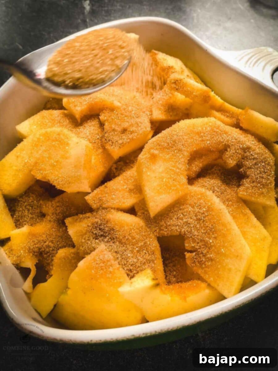 Sprinkle the cinnamon sugar mixture over the sliced apples in the casserole dish.