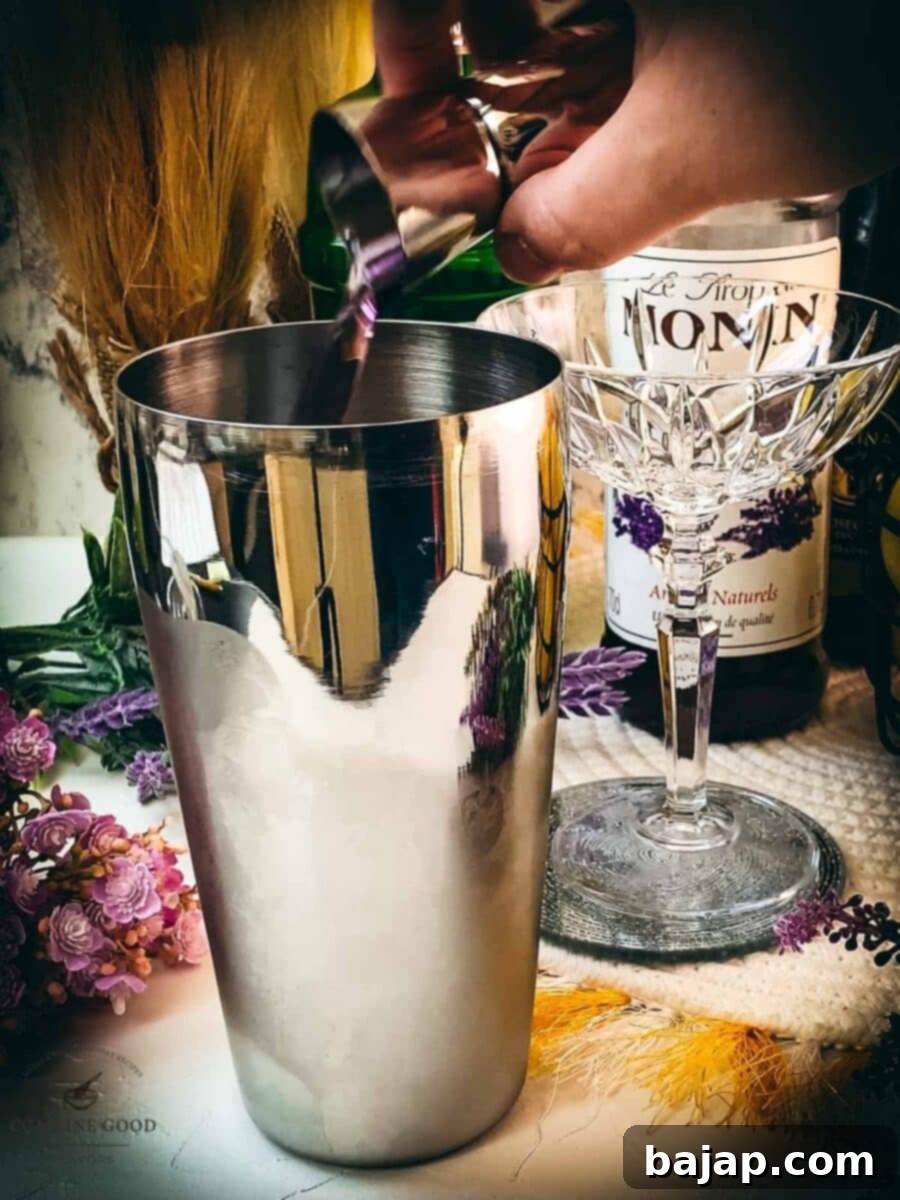Add lavender syrup to the cocktail shaker for its distinct floral note.