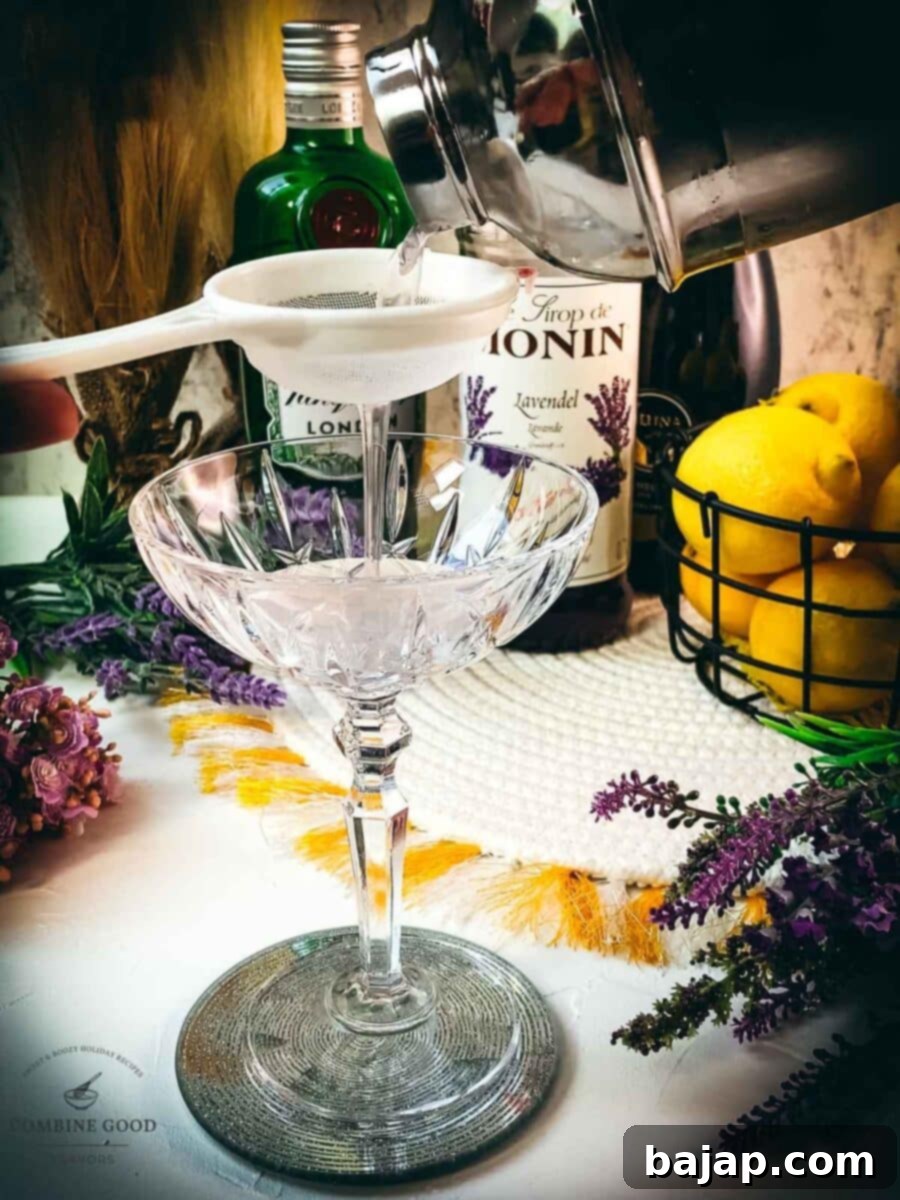 Fine strain the lavender gin mixture into your cocktail glasses to ensure a smooth, clear drink.