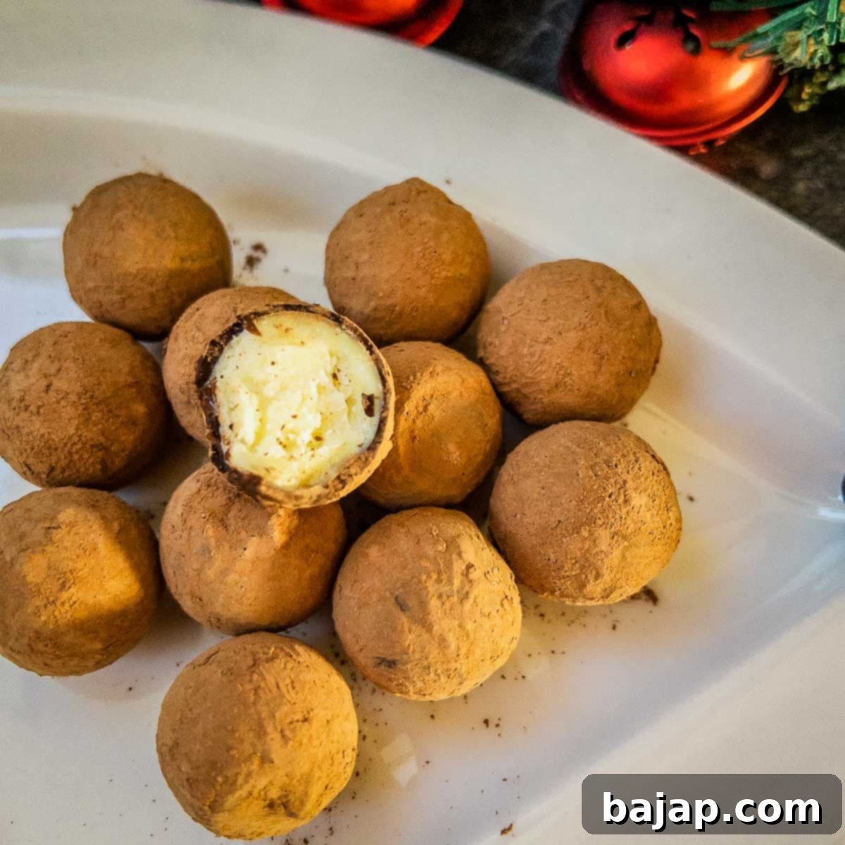 Delightful eggnog chocolates - covered with a thin layer of chocolate and rolled in Criollo cocoa powder.