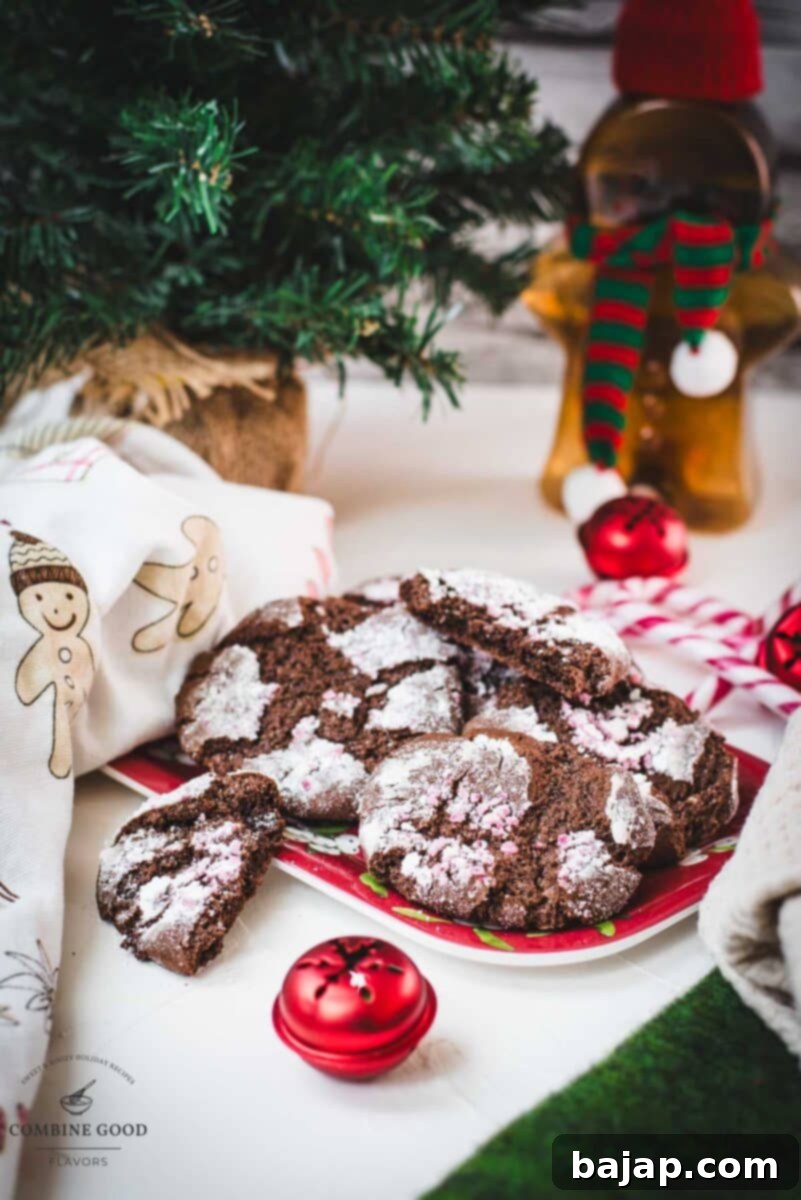 Gorgeous chocolate peppermint crinkle cookies placed on christmassy plate.
