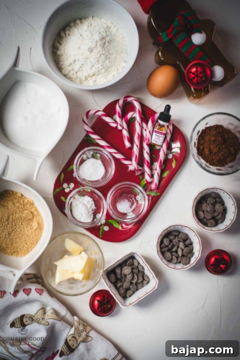 Minty Chocolate Crinkle Delights 3 Ingredients for chocolate peppermint crinkle cookies dough laid out: flour, sugar, brown sugar, butter, peppermint oil, salt, dark chocolate, cocoa, baking soda, baking powder, and an egg.