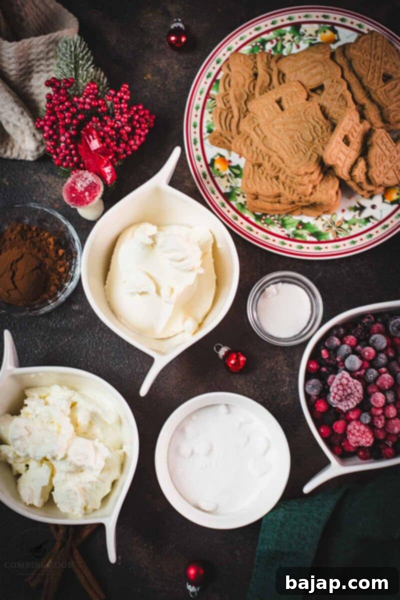 Ingredients mini Christmas trifles - Speculoos, granulated sugar, frozen berries, mascarpone, curd cheese, vanilla sugar, cocoa, and cinnamon.