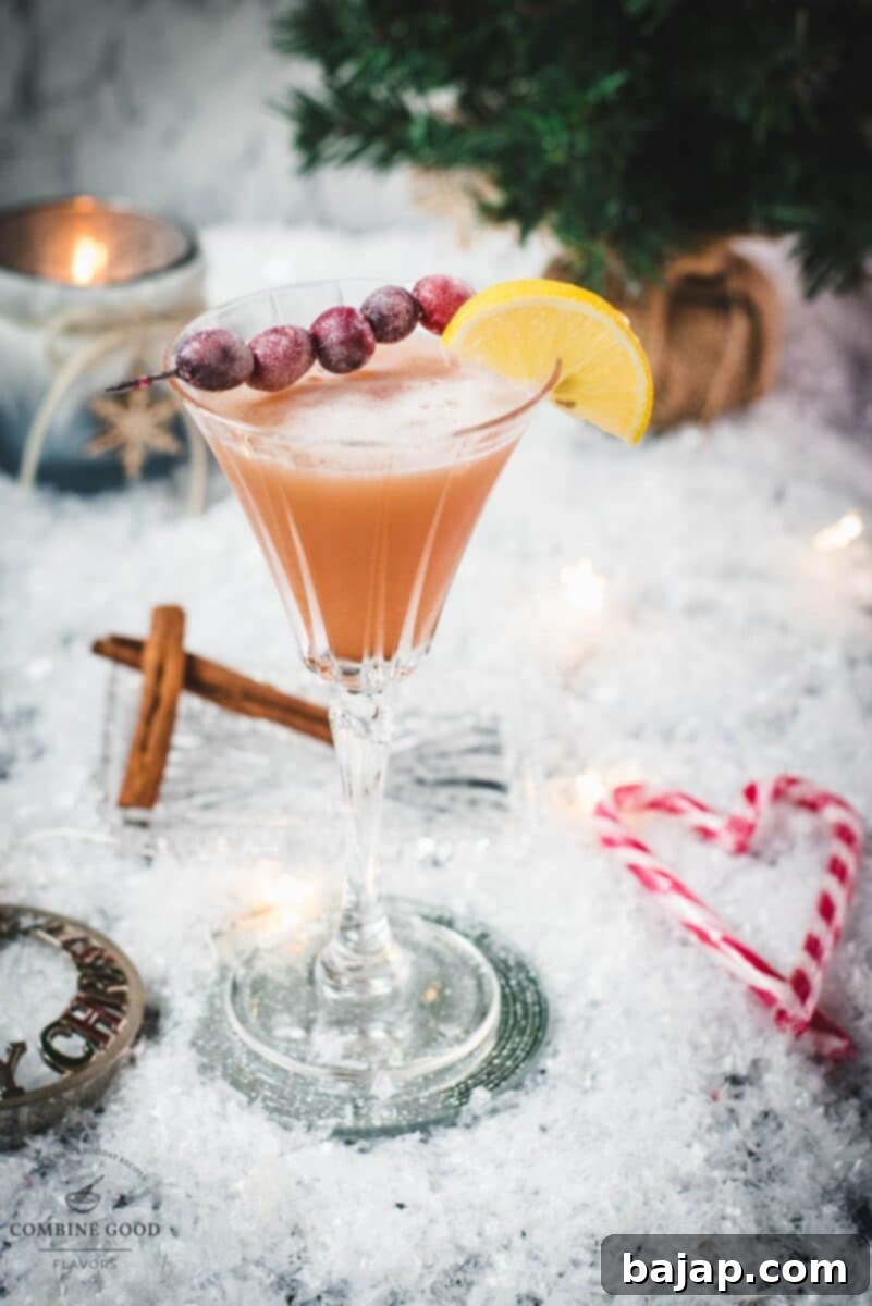 Festive cranberry cinnamon whiskey sour in gorgeous glass, placed on ice ground next to cinnamon sticks and candy canes, garnished with sugared cranberries and lemon.