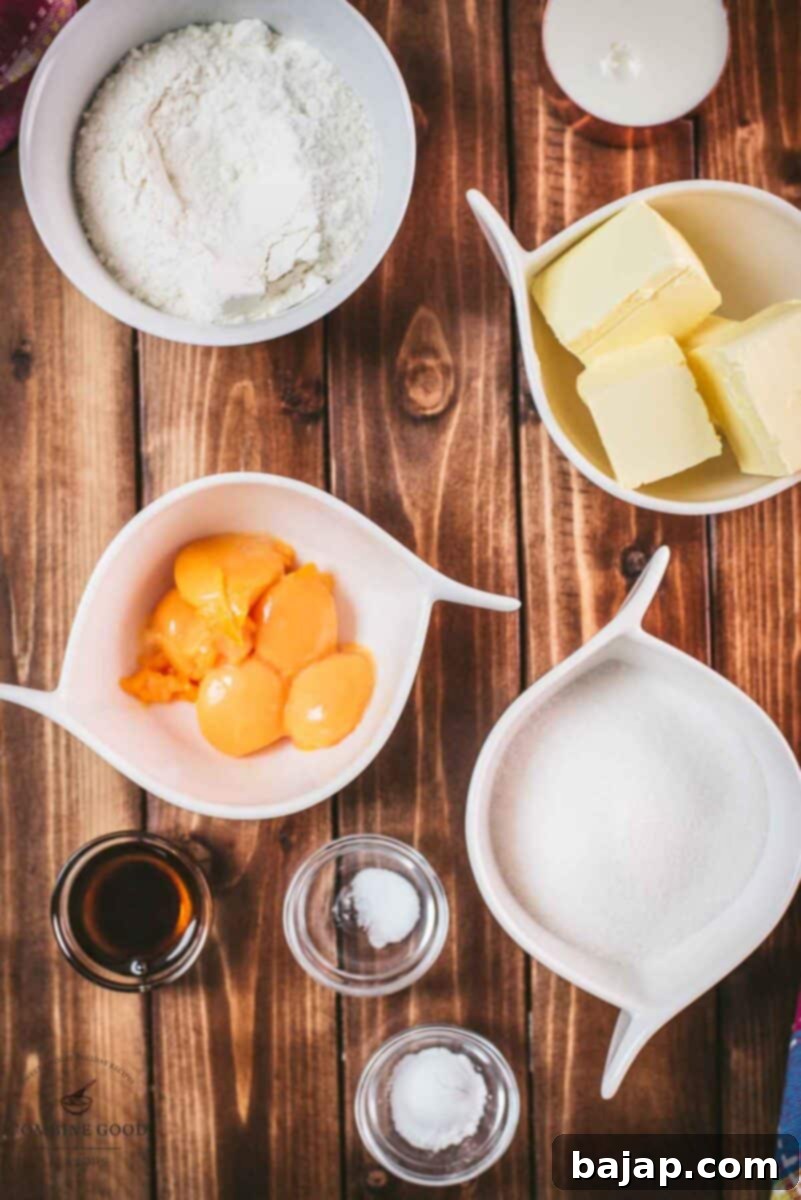 Ingredients six egg yolk bundt cake - egg yolks, flour, milk, butter, sugar, vanilla extract, salt, and baking powder.