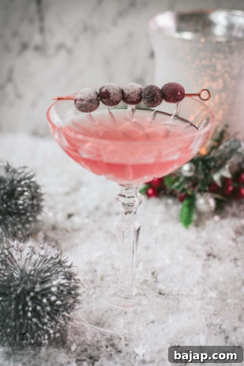 Gorgeous pink cranberry maraschino sour garnished with iced cranberries on a cocktail skewer.