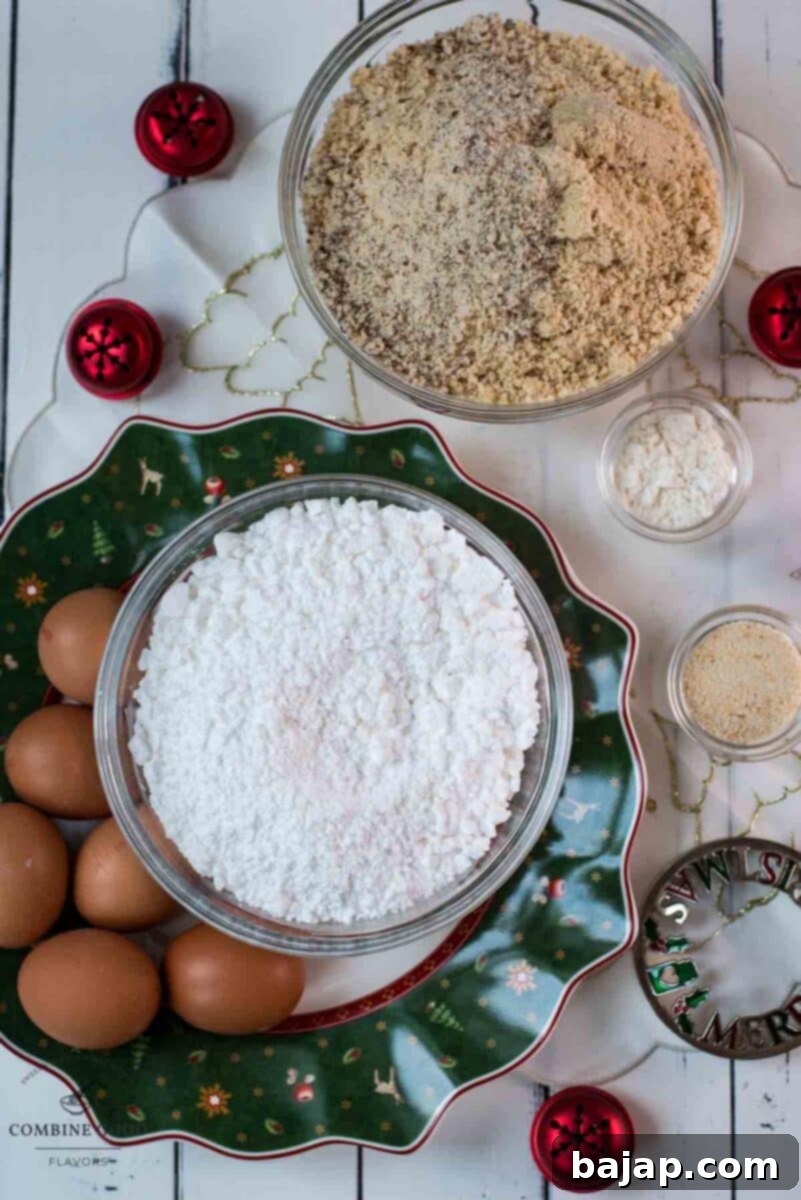 Ingredients Haselnussbusserl - hazelnut meringue cookies - powdered sugar, ground hazelnuts, egg whites, breadcrumbs, and cake flour.