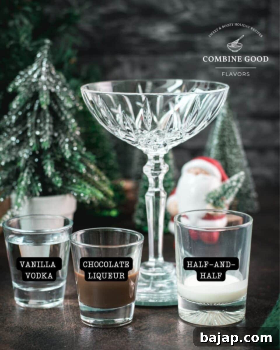 Ingredients - chocolate martini - vanilla vodka, chocolate liqueur, half-and-half, cubed ice