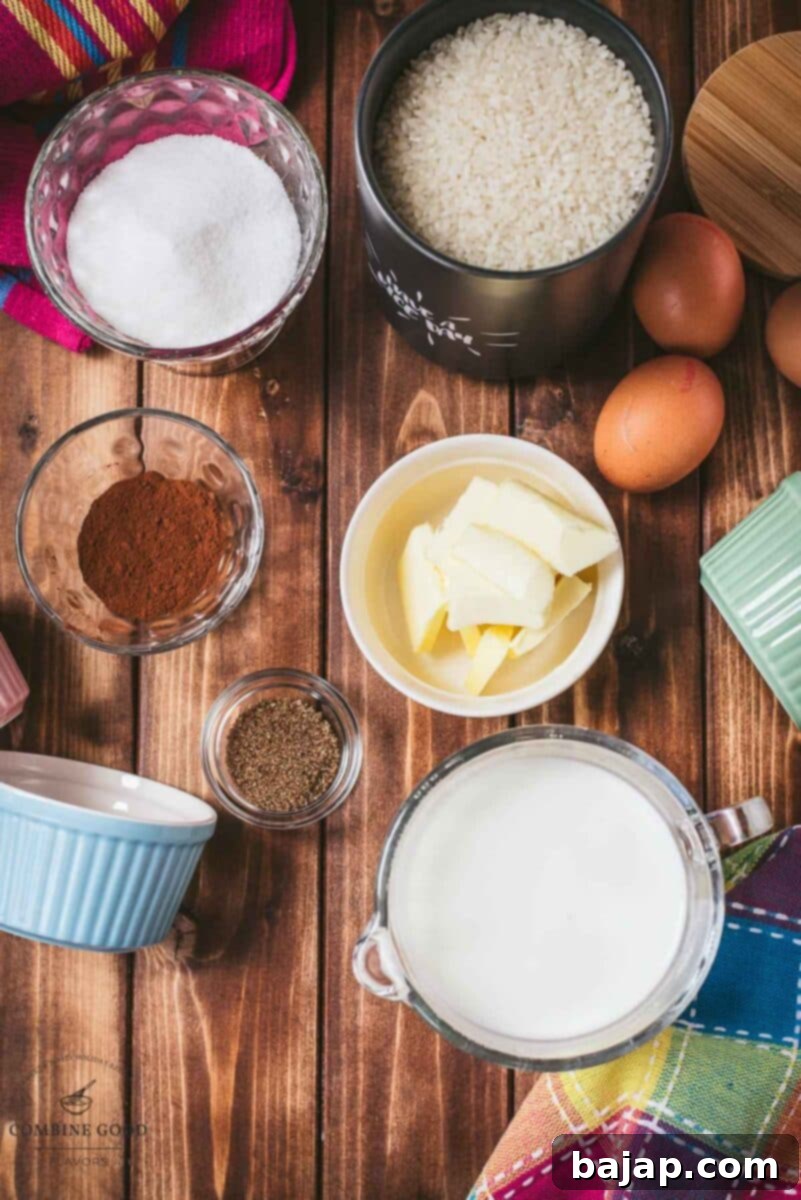 Ingredients for marbled baked rice pudding: rice, butter, cocoa, vanilla sugar, milk, eggs.