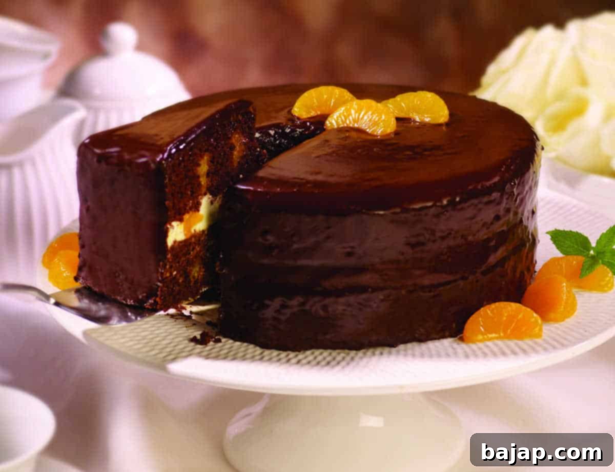 A delicious Chocolate Orange Cake topped with mandarin oranges.