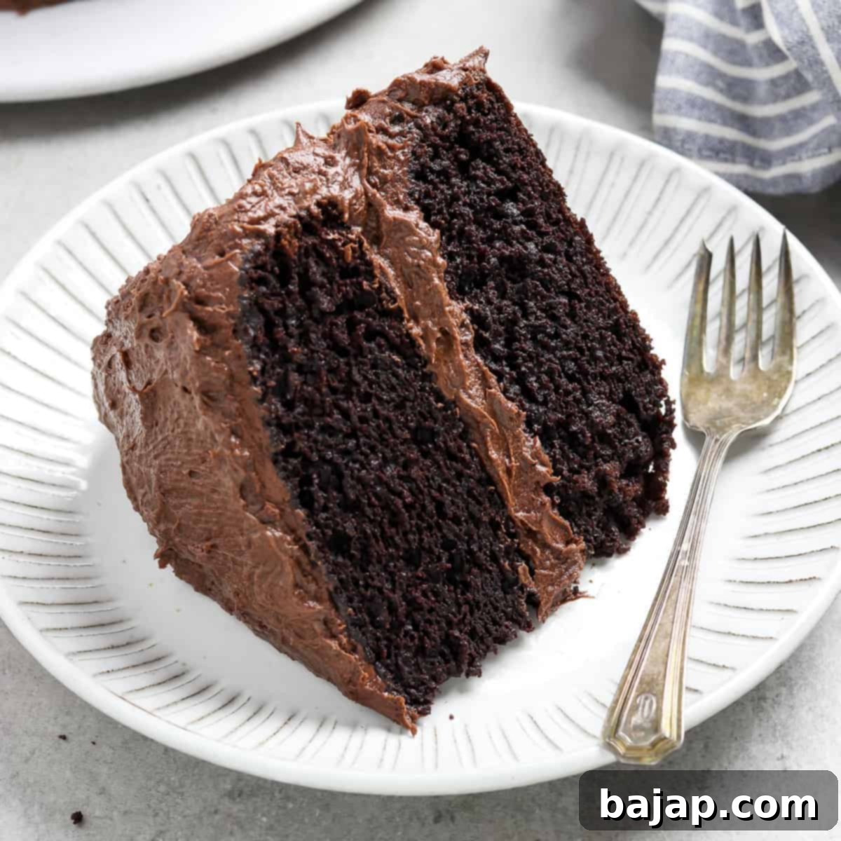 A slice of rich, moist vegan chocolate cake on a plate.