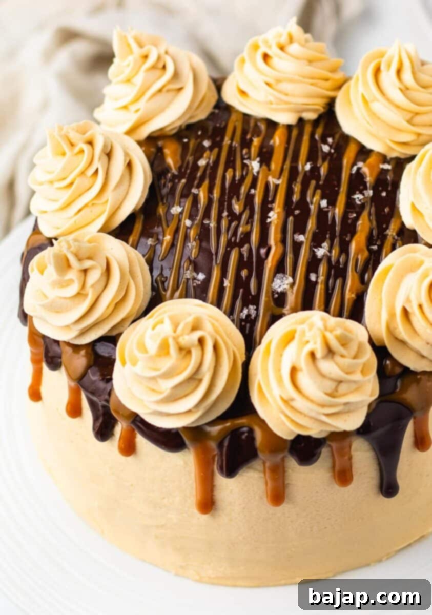 A decadent Chocolate Caramel Cake with rich frosting.