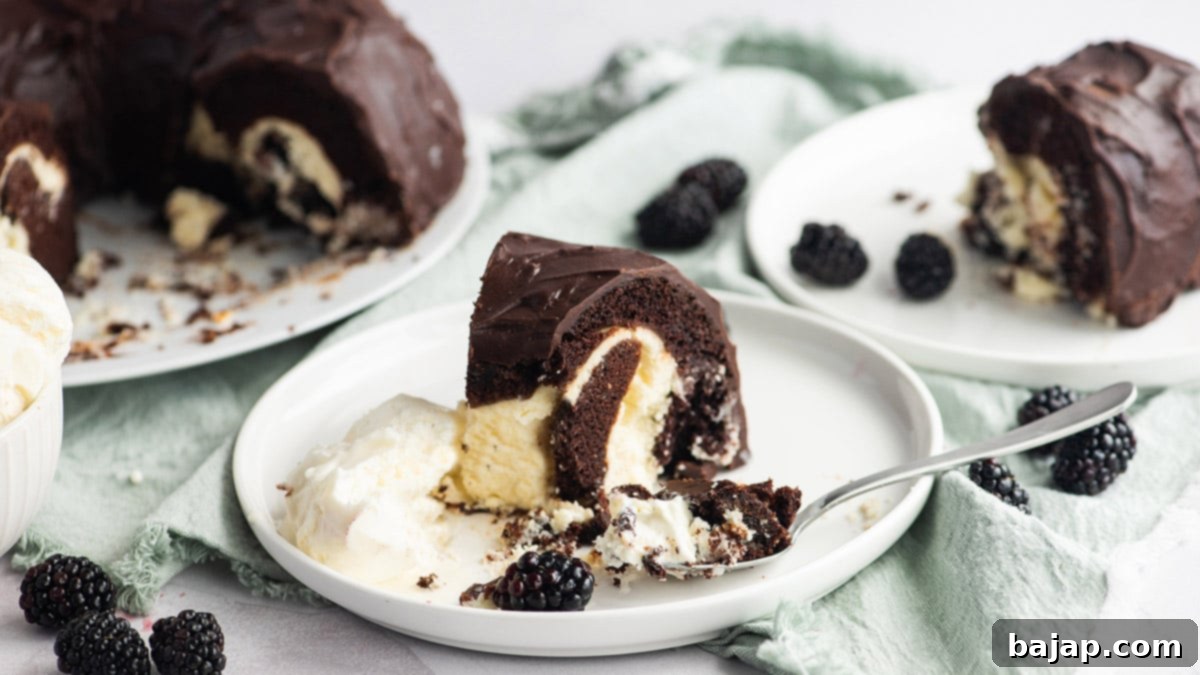 A slice of Chocolate Mocha Bundt Cake with a creamy cheesecake filling.