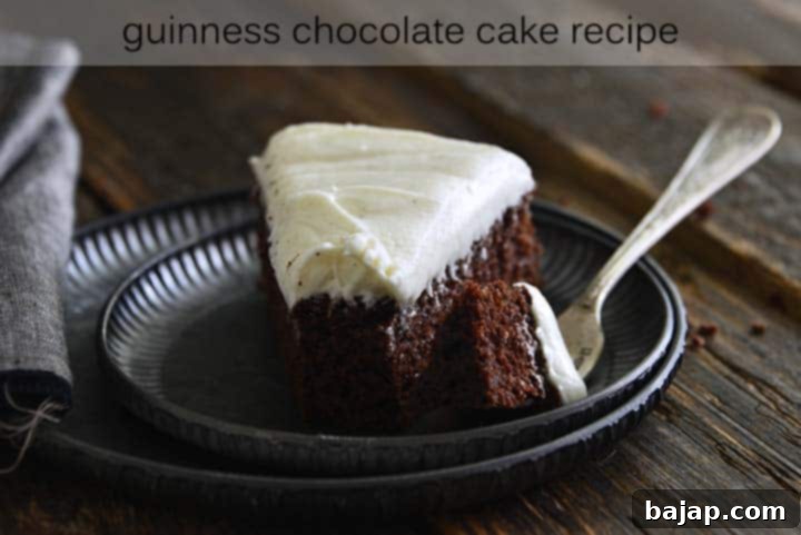 A decadent Chocolate Guinness Cake topped with vanilla bean cream cheese frosting.