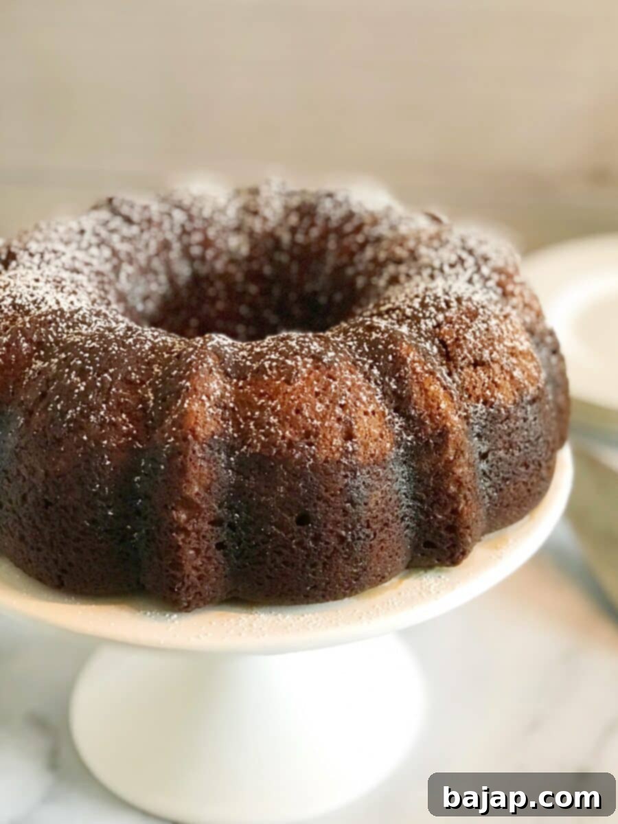 A delicious Chocolate Kahlua Bundt Cake with a rich glaze.