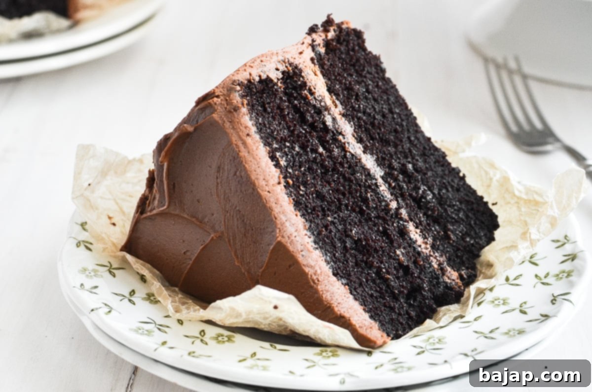 A beautifully frosted layer of Ina Garten's Chocolate Cake.