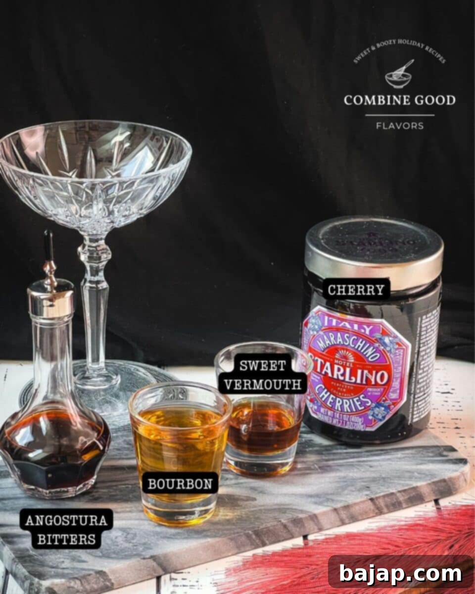 Ingredients Manhattan cocktail - angostura bitters, bourbon, sweet vermouth, cherry.