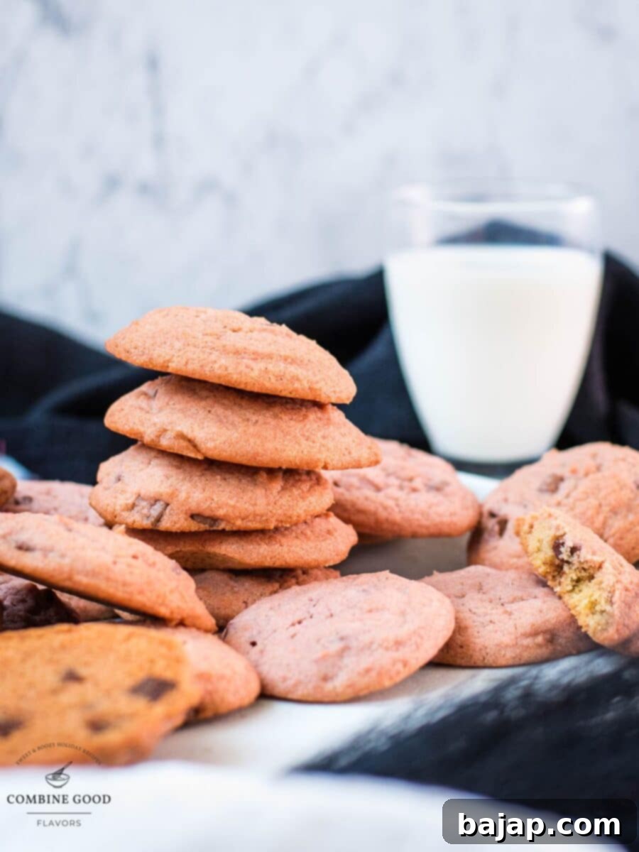 Gorgeous pink cookies on white plate, next to a glass on milk.