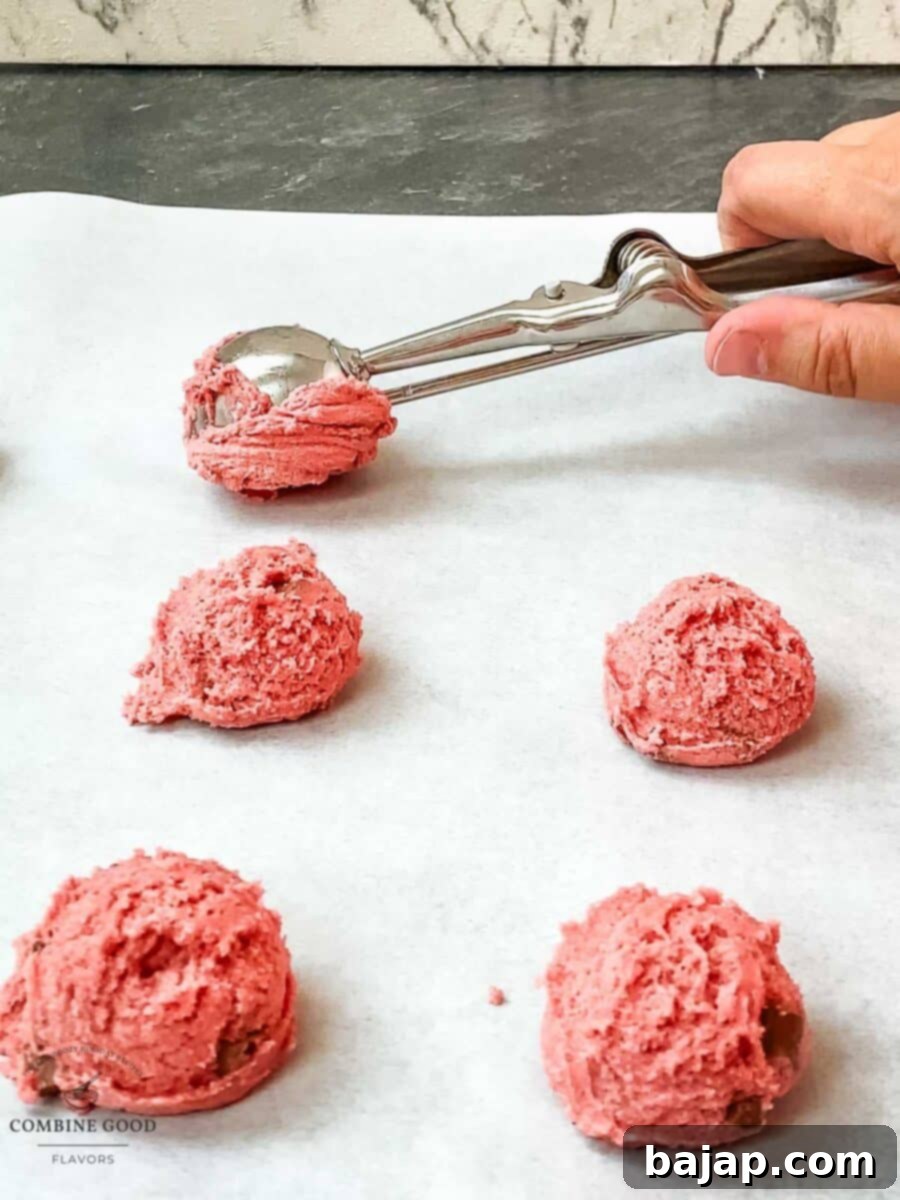Scoop the cookies on a baking pan covered with parchment paper.