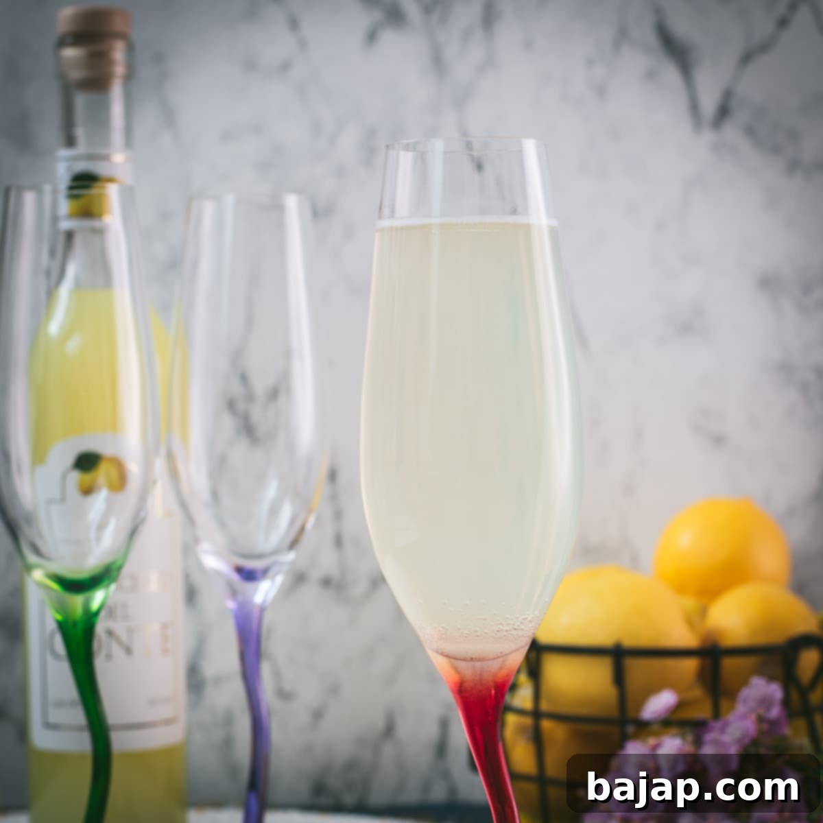 Gorgeous champagne glass filled with delicious sparkling limoncello.