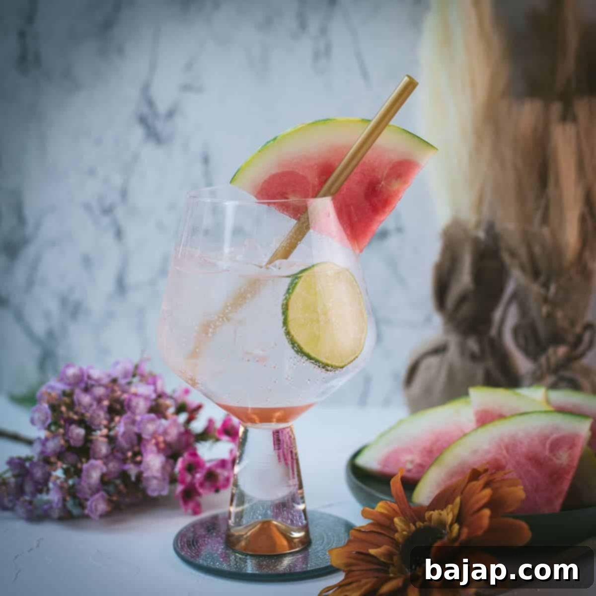 Beautiful balloon like glass filled with refreshing watermelon gin and tonic. Garnished with a reusable drinking straw, a big watermelon slice, and a lime slice.