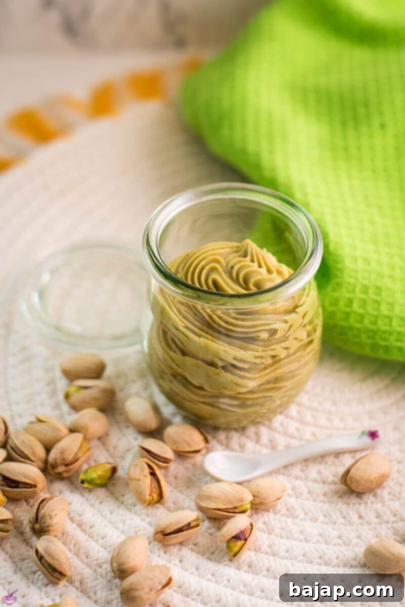 Preserving glass filled with scrumptious white chocolate pistachio ganache.