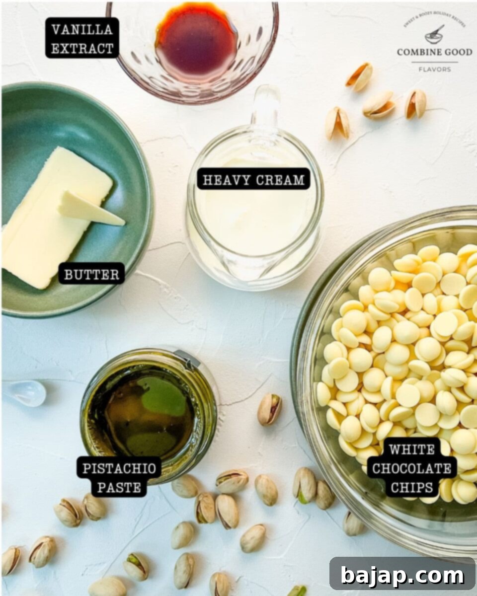 Ingredients for making white chocolate pistachio ganache: white chocolate chips, heavy cream, butter, vanilla extract, and vibrant green pistachio paste, laid out for a recipe.