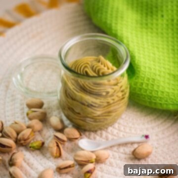 Preserving glass filled with scrumptious white chocolate pistachio ganache.
