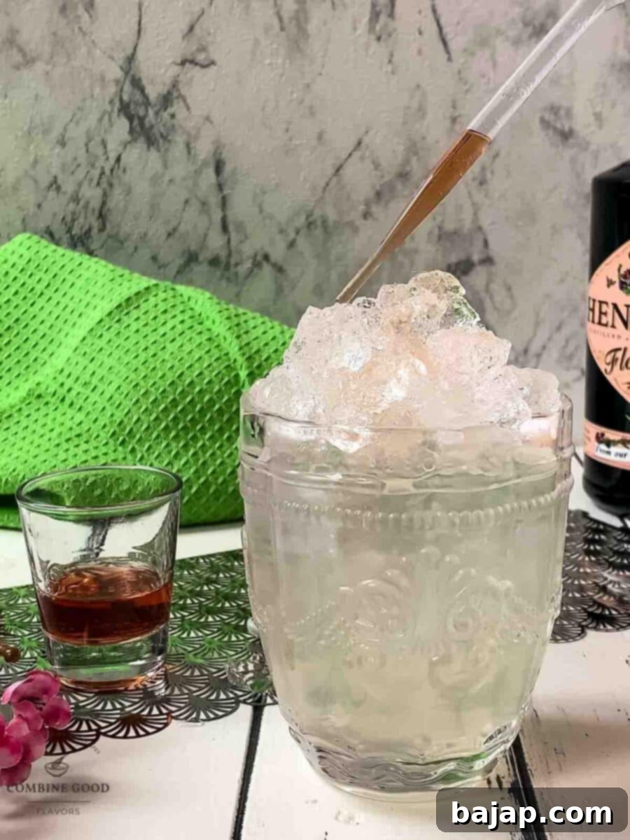 Drizzle creme de mure with a pipette on top of the crushed ice.
