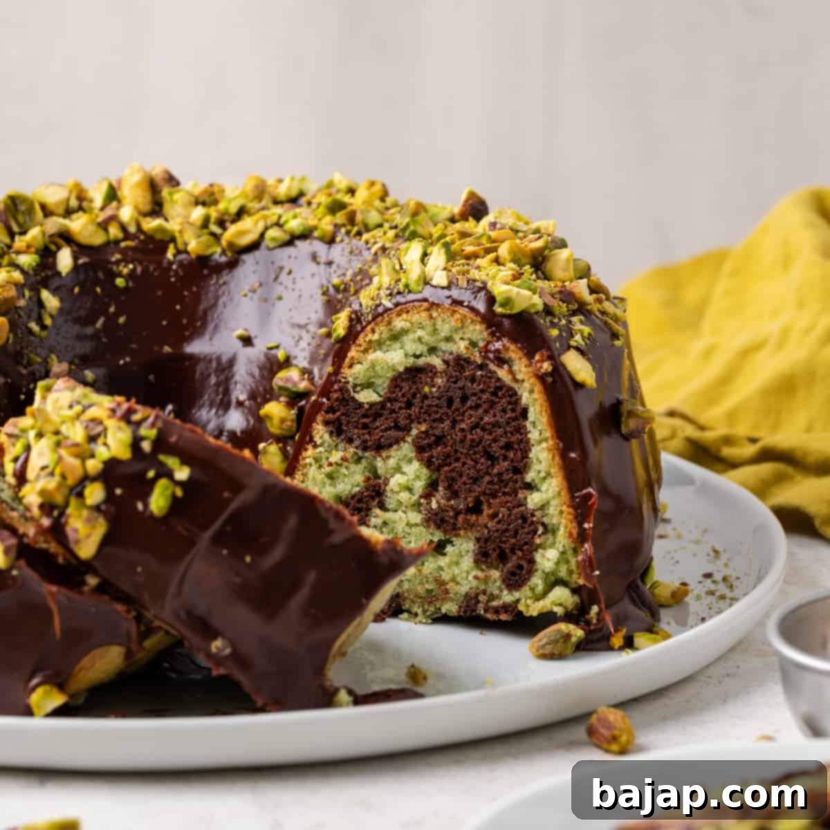 Gluten-free Pistachio Chocolate Bundt Cake, a delightful and nostalgic treat.
