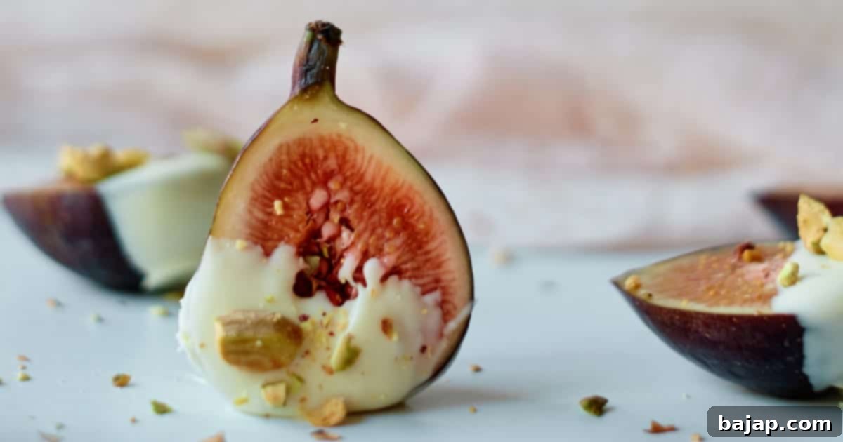 Luxurious white chocolate dipped figs, elegantly sprinkled with crushed pistachios.