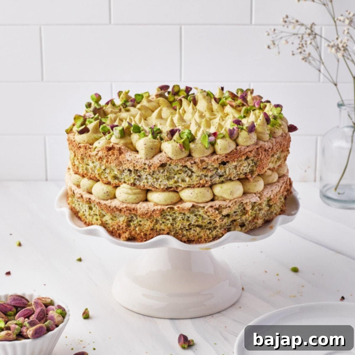 An elegant pistachio dacquoise cake with layers of meringue and pistachio buttercream.