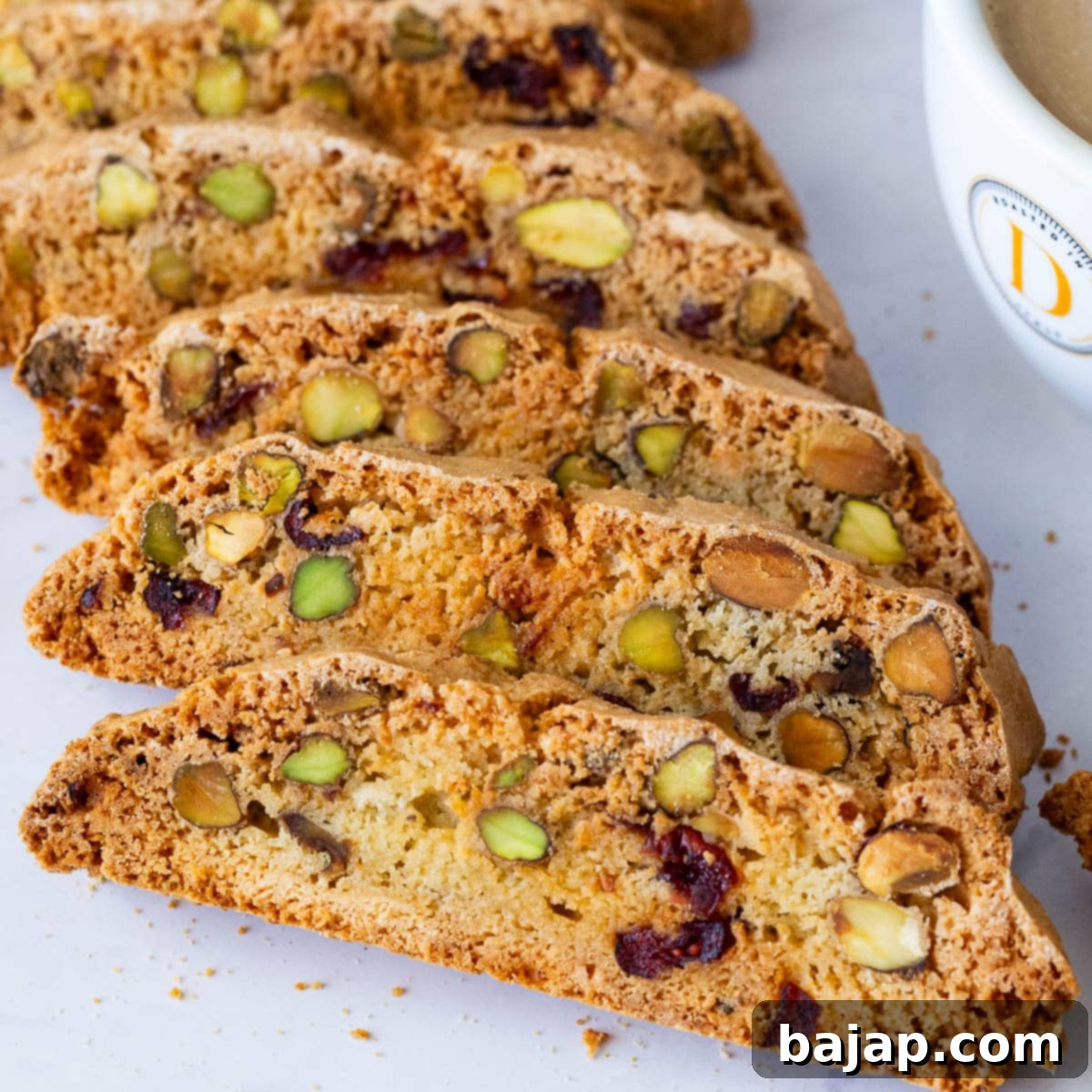 Crunchy and festive Cranberry Pistachio Biscotti, perfect for holiday gifting.