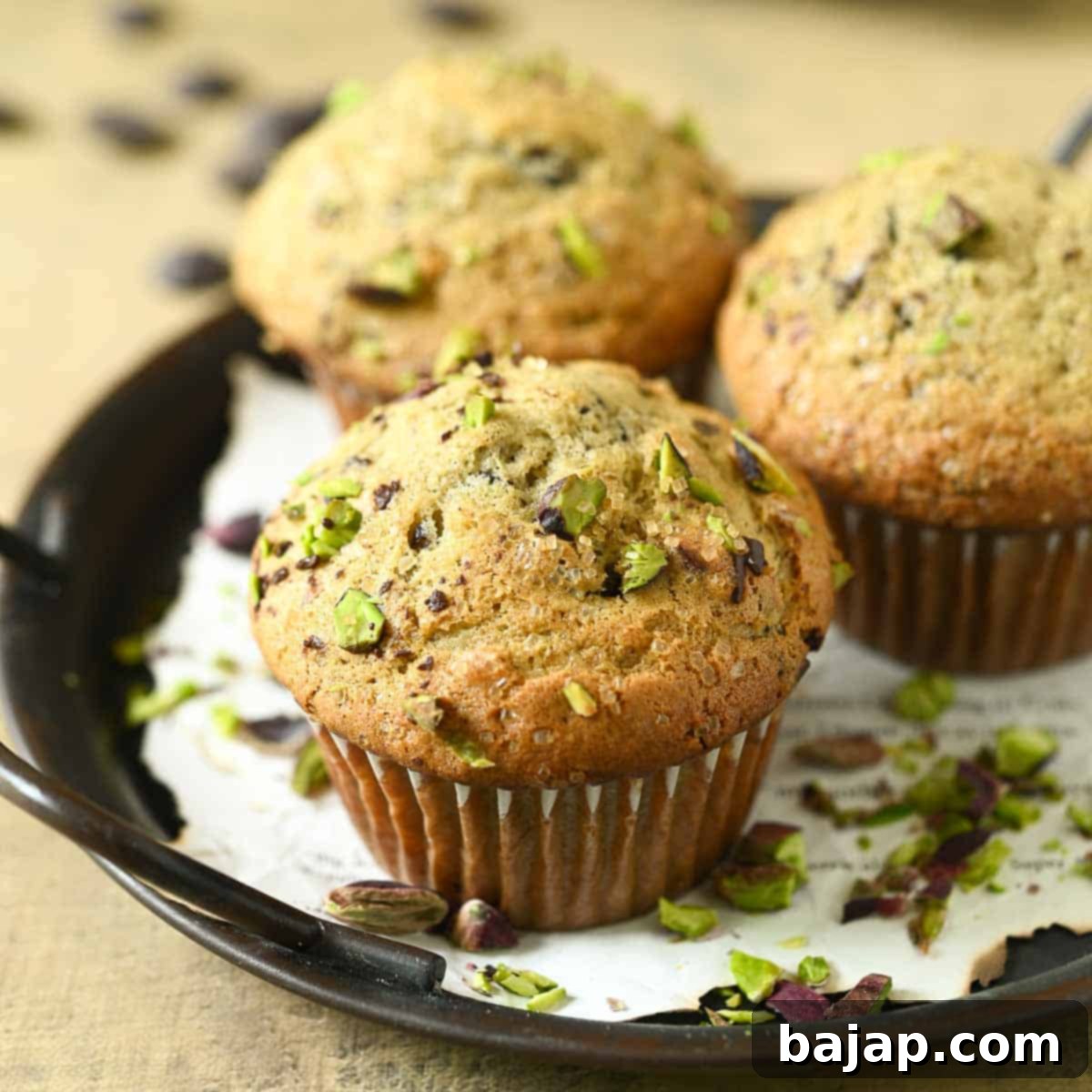 Fluffy pistachio muffins generously studded with rich chocolate chips.
