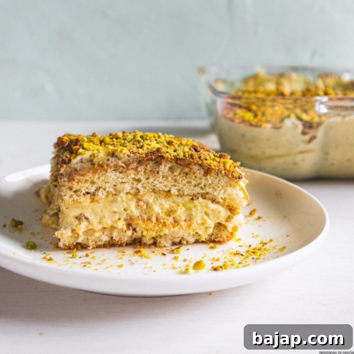 Decadent pistachio tiramisu with layers of coffee-soaked ladyfingers, mascarpone, and rich pistachio flavor.