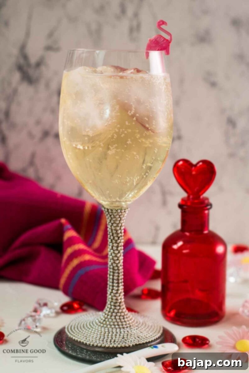 Valentines gin cocktail, garnished with a gorgeous flamingo cocktail pick, served in wine glass. Placed on a mirrored coaster next to a heart shaped flask.
